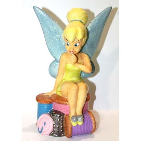 Disney Tinker Bell Ceramic Coin Bank Spools of Thread Button Thimble Rare 9 Inch